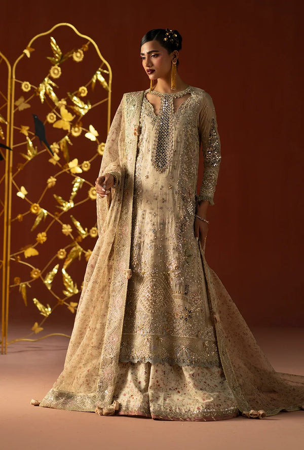 AJR Couture | Signature Wedding Formals |Ivory Gold Long Shirt & Shrara-Husn E Mah