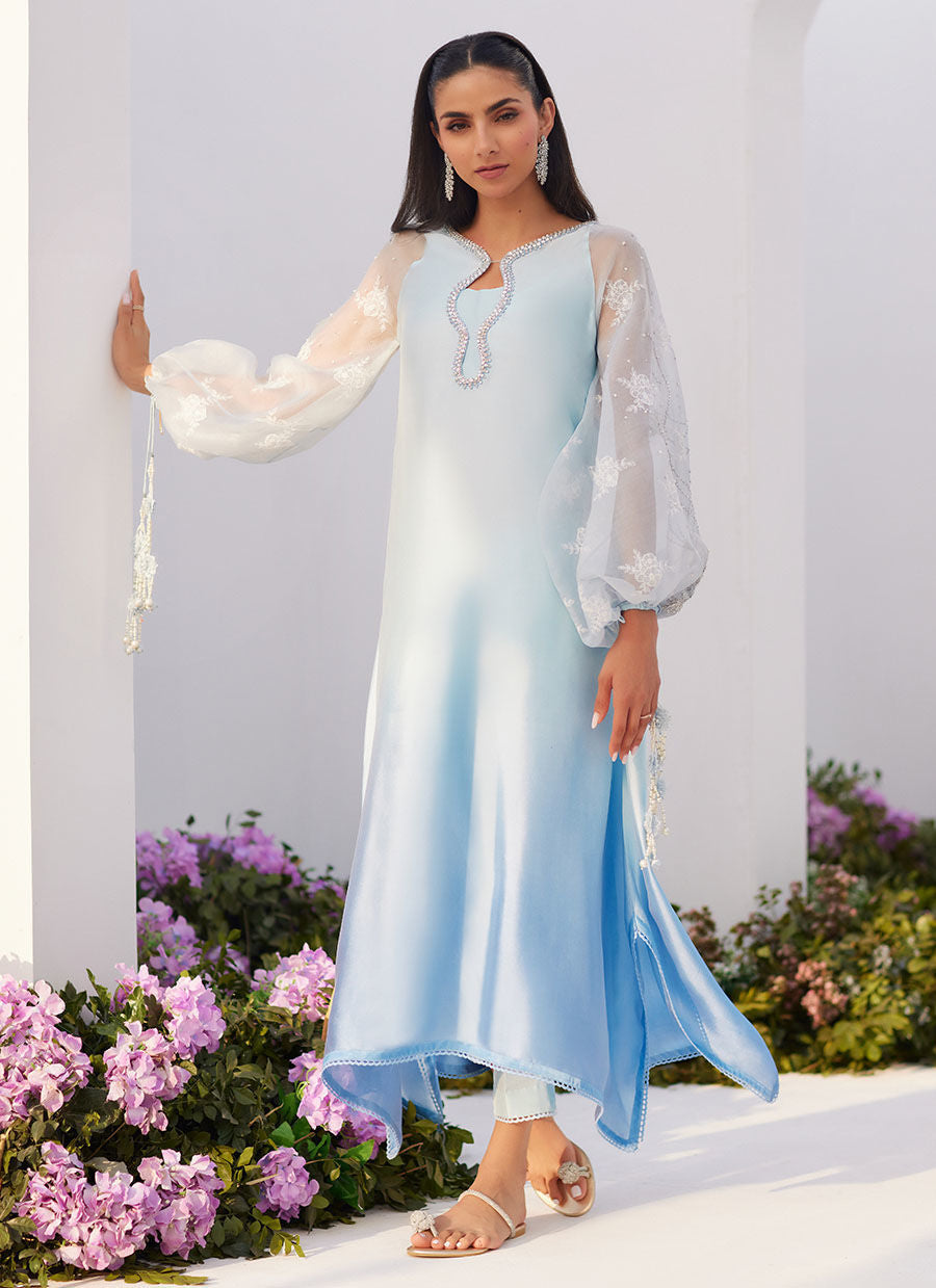 Farah Talib Aziz | Zaza Luxe Pret 24 | BOW OMBRE BLUE EMBELLISHED KAFTAN CUT SHIRT - by - Libasekhas UK - Registered Vendor of : Farah Talib Aziz - 100% Original Designer Dresss