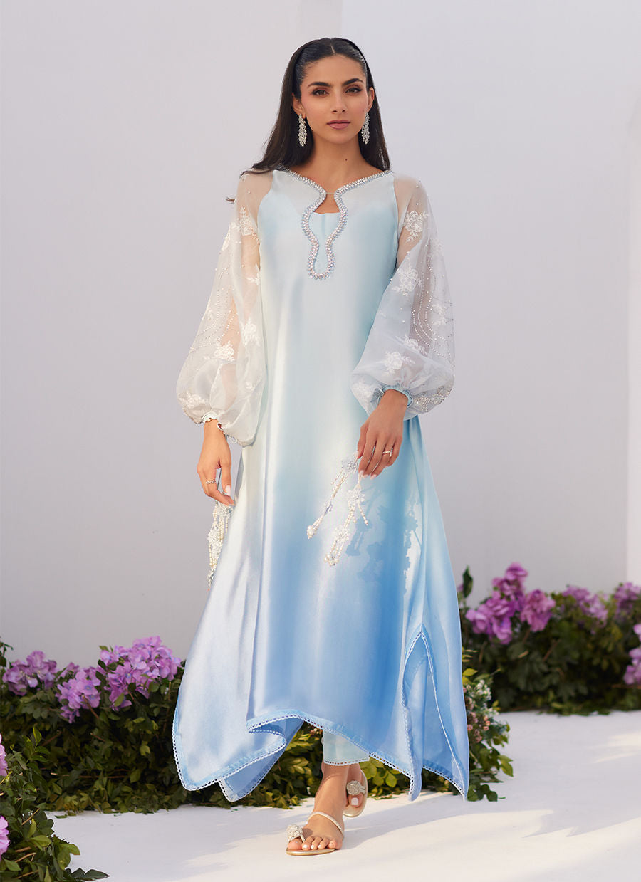Farah Talib Aziz | Zaza Luxe Pret 24 | BOW OMBRE BLUE EMBELLISHED KAFTAN CUT SHIRT - by - Libasekhas UK - Registered Vendor of : Farah Talib Aziz - 100% Original Designer Dresss