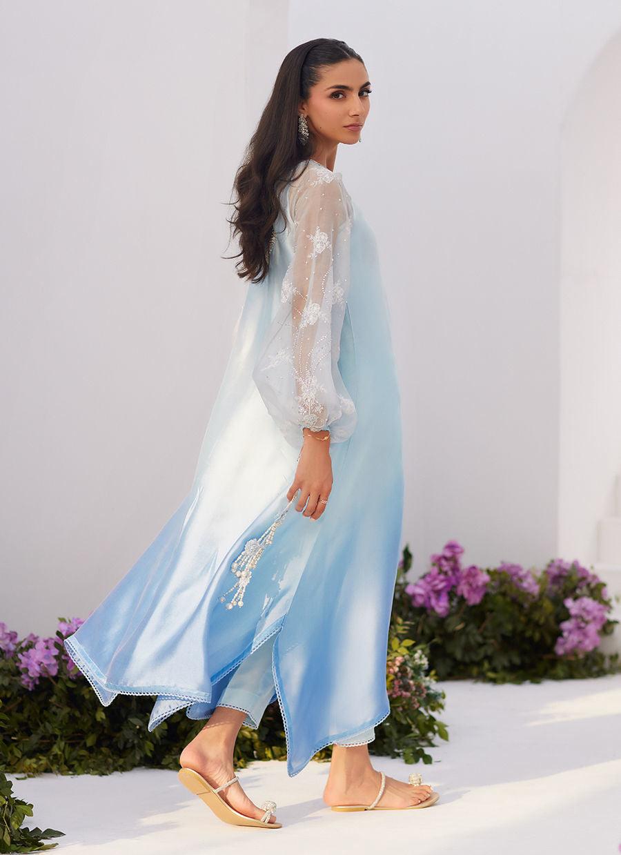 Farah Talib Aziz | Zaza Luxe Pret 24 | BOW OMBRE BLUE EMBELLISHED KAFTAN CUT SHIRT - by - Libasekhas UK - Registered Vendor of : Farah Talib Aziz - 100% Original Designer Dresss