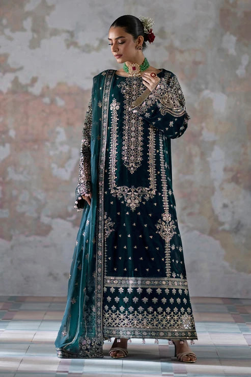 Emaan Adeel | Velvet Affair | Teal Blue Long Shirt & Trouser-Meher