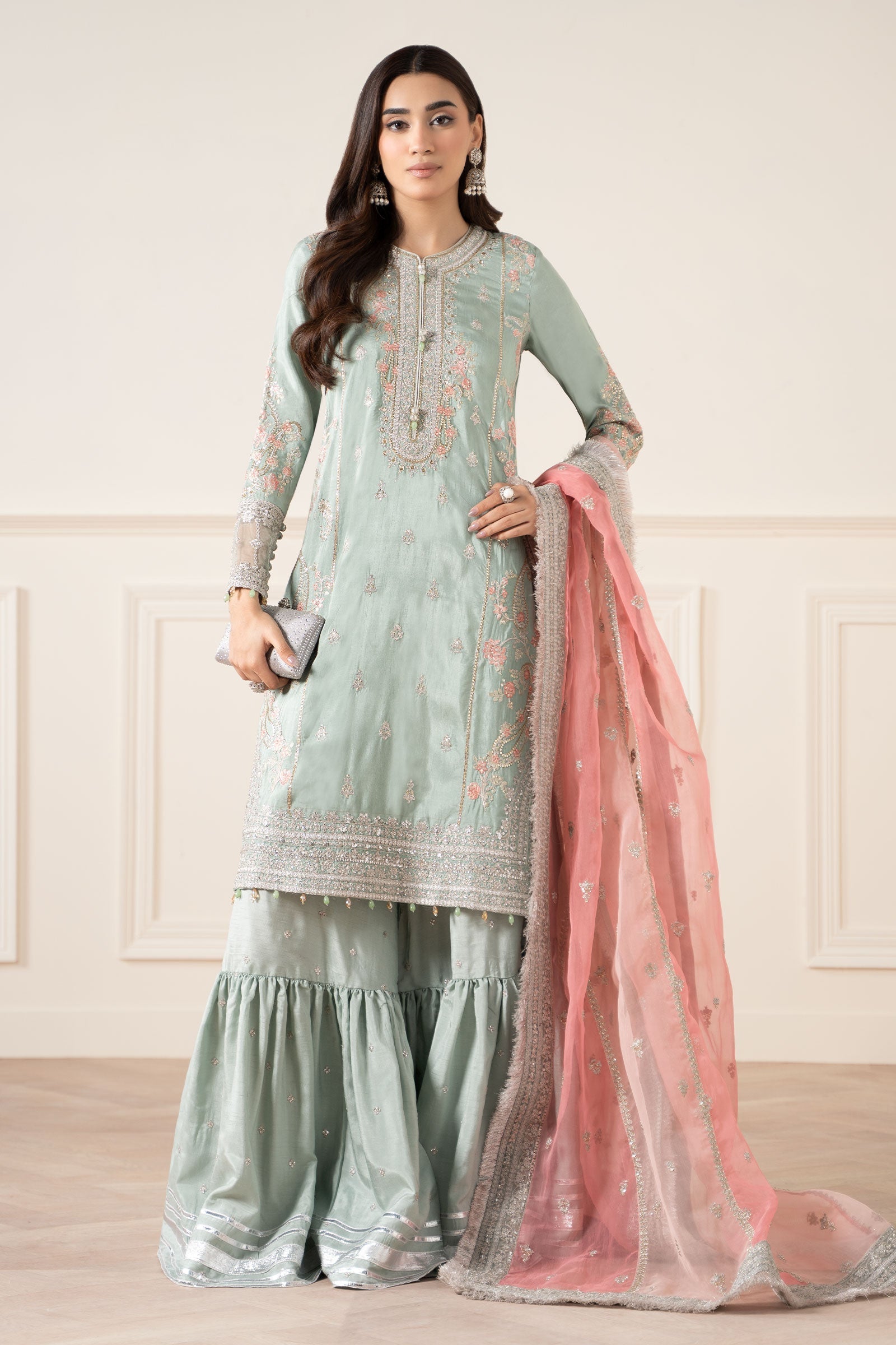 raw silk green dress Maria B | Pre Fall Dresses