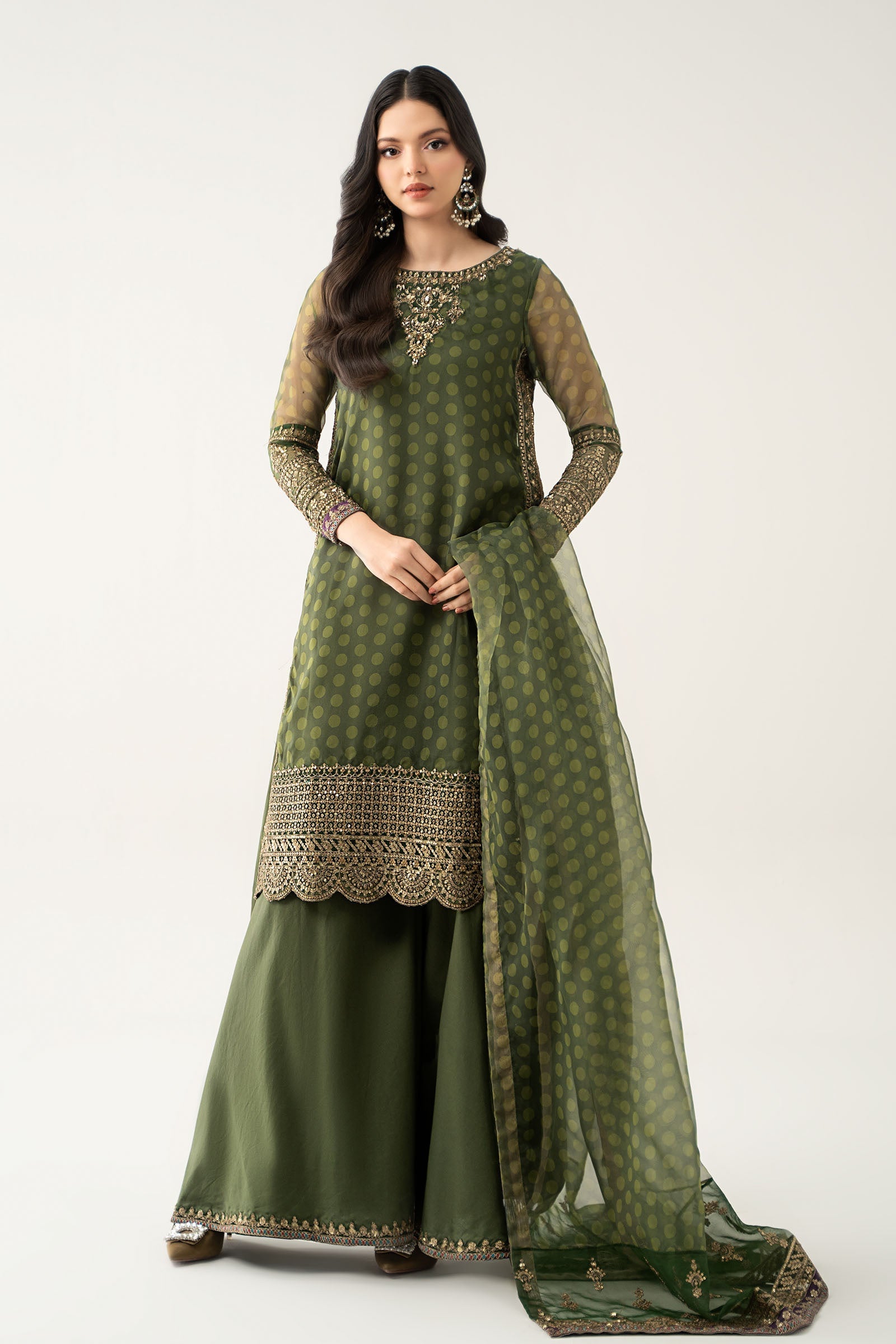 Maria B | Pre Fall Dresses | 3 Piece Embroidered Suit Deep Olive Green, M / Deep Olive Green / Organza