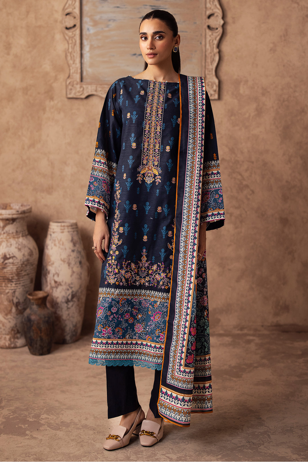 Zellbury | Unstitched 3 Piece Khaddar | Embroidered Shirt Shalwar Dupatta - 0225 - by - Libasekhas UK - Registered Vendor of : Zellbury Women - 100% Original Designer Dresss