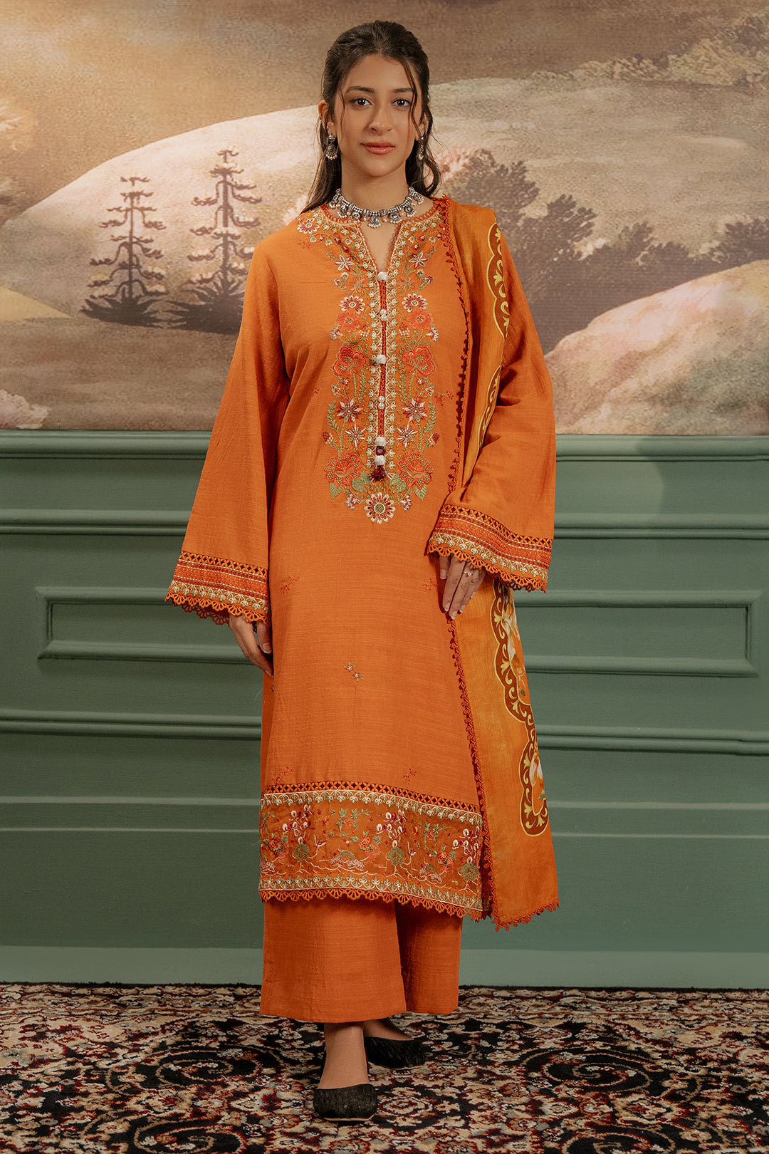 Zellbury | Unstitched 3 Piece Khaddar | Embroidered Shirt Shalwar Dupatta - 0413 - by - Libasekhas UK - Registered Vendor of : Zellbury Women - 100% Original Designer Dresss