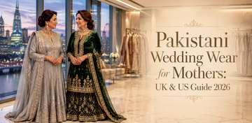 Two Pakistani mothers in elegant silver-grey and emerald green wedding outfits standing together in a luxury London atelier, for a Pakistani wedding wear guide.