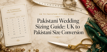 Luxury Pakistani wedding sizing guide with UK-to-Pakistani size chart, measuring tape, gold shears and embroidered fabrics.