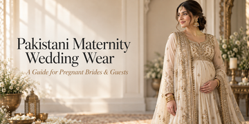 Pregnant Pakistani bride wearing an ivory Pishwas with gold embroidery and dupatta.