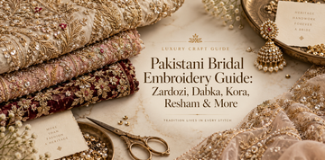 Pakistani bridal embroidery guide banner featuring stacked embellished fabrics, gold scissors, pearls, jhumka earrings and the title “Pakistani Bridal Embroidery Guide: Zardozi, Dabka, Kora, Resham & More”