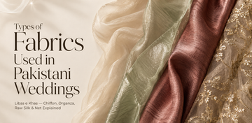 Luxury editorial flat lay showcasing chiffon, organza, raw silk, and embellished net fabric swatches used in Pakistani wedding dresses, with the title "Types of Fabrics Used in Pakistani Weddings" by Libas e Khas.