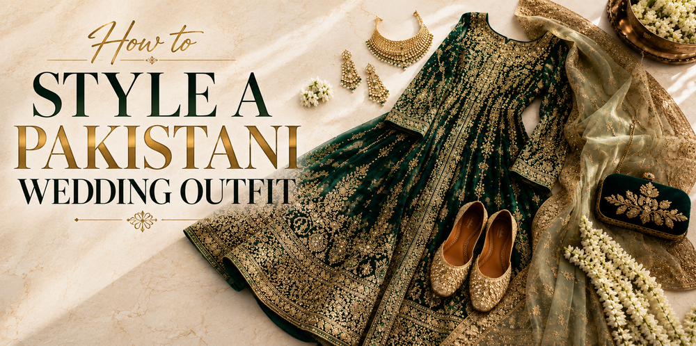How to style a Pakistani wedding outfit with an emerald embroidered dress, Kundan jewellery, gold khussas, velvet clutch, and elegant dupatta.