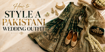 How to style a Pakistani wedding outfit with an emerald embroidered dress, Kundan jewellery, gold khussas, velvet clutch, and elegant dupatta.