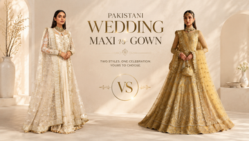 Pakistani wedding maxi vs gown comparison banner featuring two luxury bridal outfits in an elegant editorial studio setting.