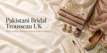 Flat-lay of Pakistani bridal trousseau items on ivory silk, with embroidered outfits, jewellery, khussa and planning notebook.