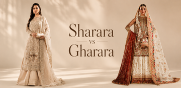 Sharara vs gharara side by side the sharara flaring in a continuous line from the waist, the gharara ruched at the knee with a decorated joint