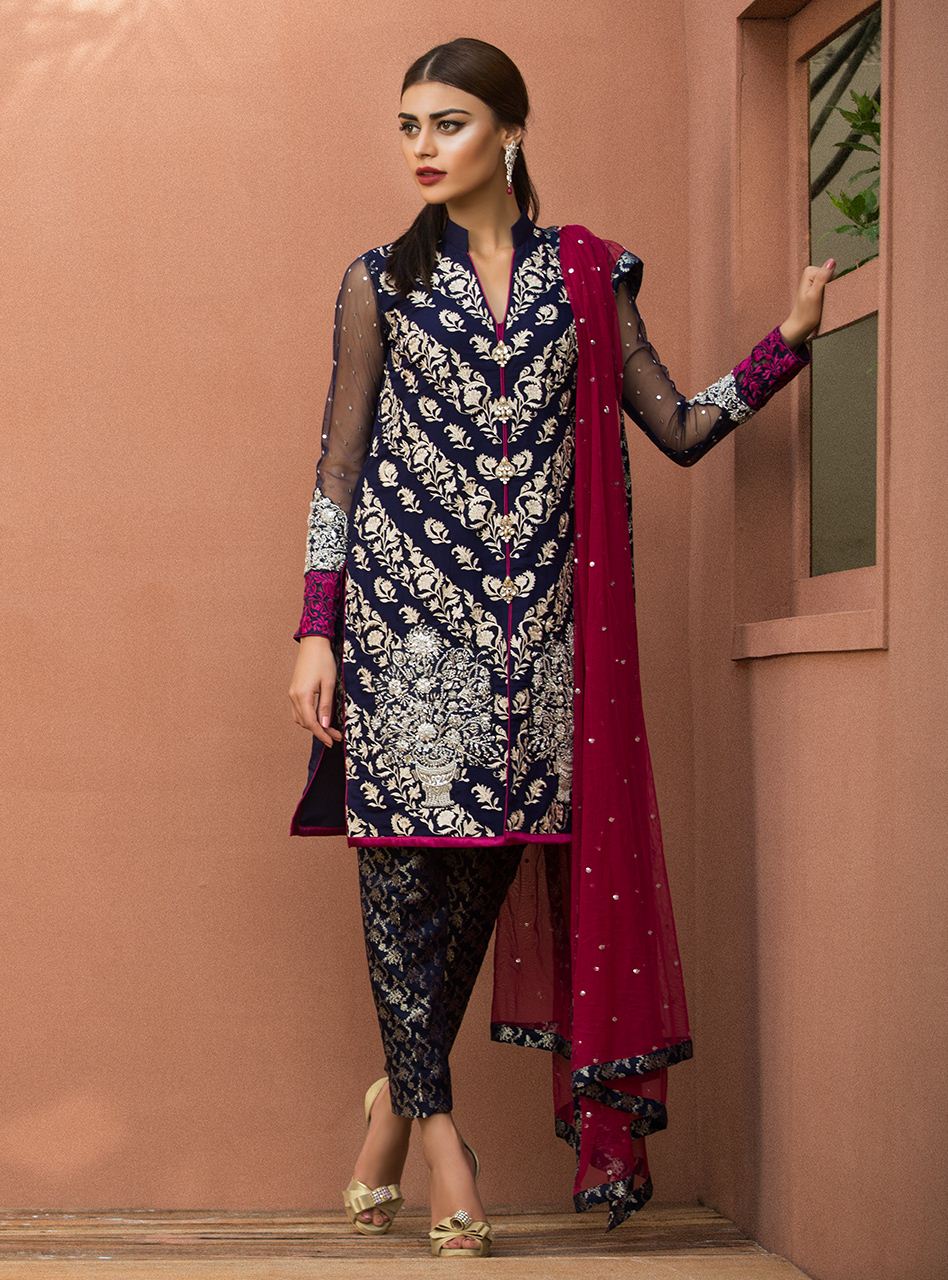 Zainab Chottani | Semi Formals | NAVY BLUE FLORAL DRESS - by - Libasekhas UK - Registered Vendor of : Zainab Chottani - 100% Original Designer Dresss
