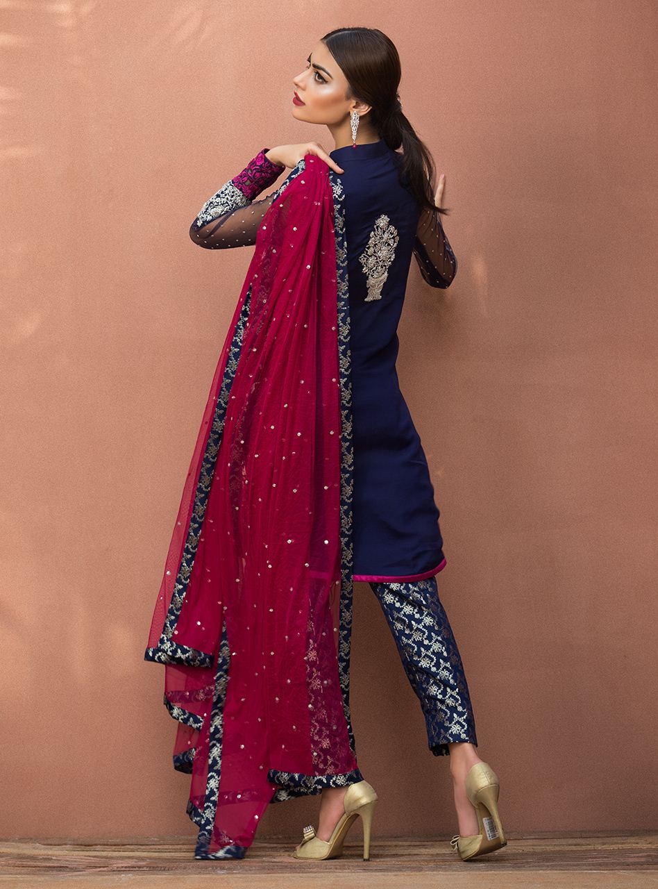 Zainab Chottani | Semi Formals | NAVY BLUE FLORAL DRESS - by - Libasekhas UK - Registered Vendor of : Zainab Chottani - 100% Original Designer Dresss