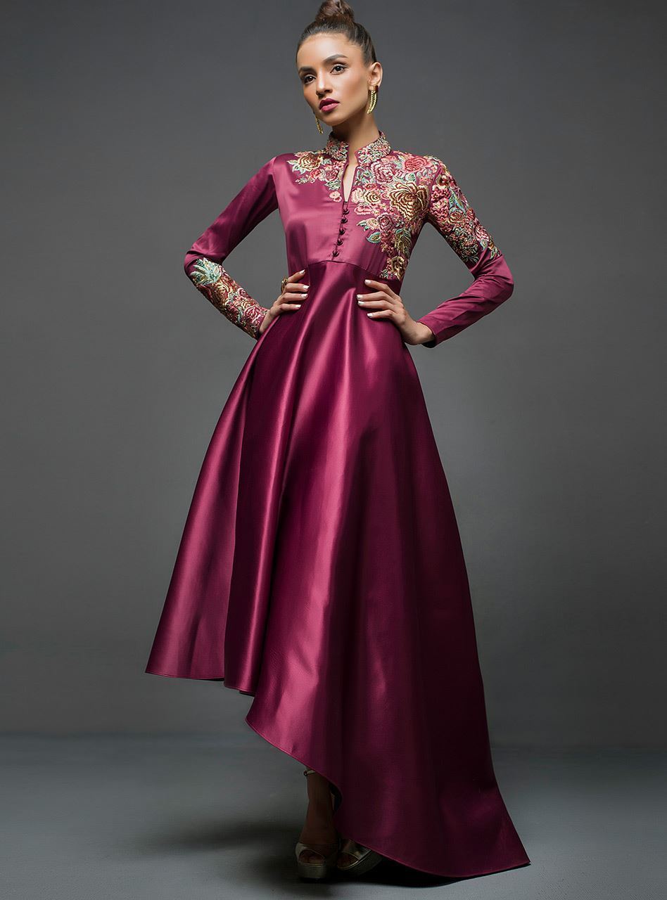 Zainab Chottani | Semi Formals | MAROON GOWN ASYMMETRICAL - by - Libasekhas UK - Registered Vendor of : Zainab Chottani - 100% Original Designer Dresss