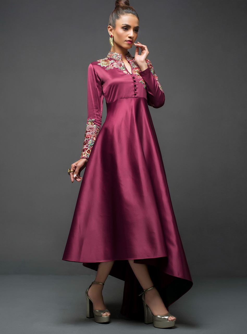 Zainab Chottani | Semi Formals | MAROON GOWN ASYMMETRICAL - by - Libasekhas UK - Registered Vendor of : Zainab Chottani - 100% Original Designer Dresss