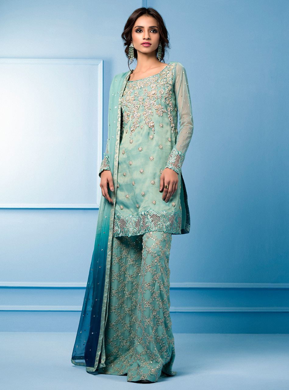 Zainab Chottani | Semi Formals | AQUA AND TEAL - by - Libasekhas UK - Registered Vendor of : Zainab Chottani - 100% Original Designer Dresss