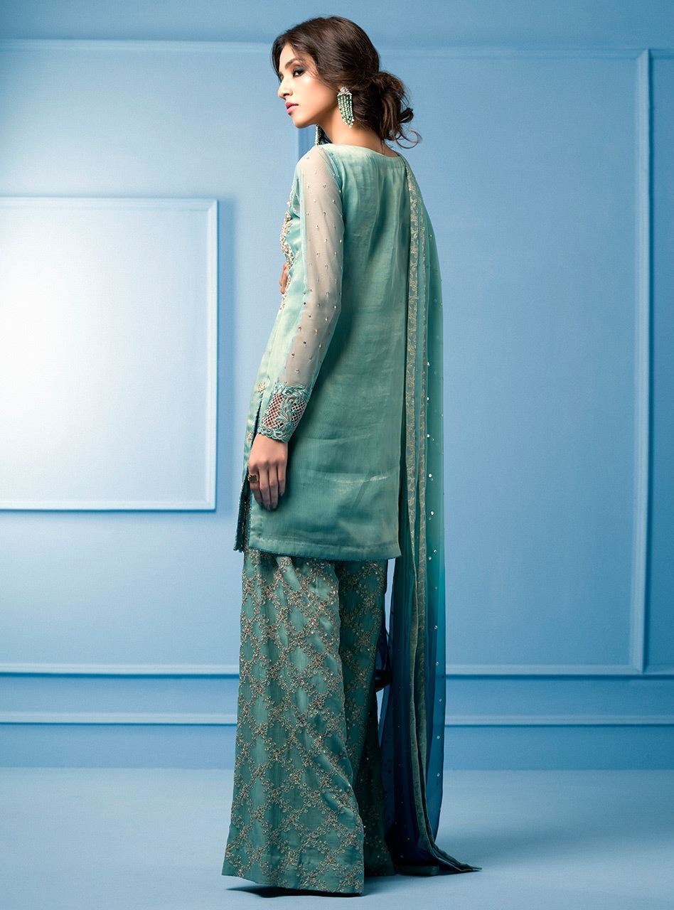 Zainab Chottani | Semi Formals | AQUA AND TEAL - by - Libasekhas UK - Registered Vendor of : Zainab Chottani - 100% Original Designer Dresss