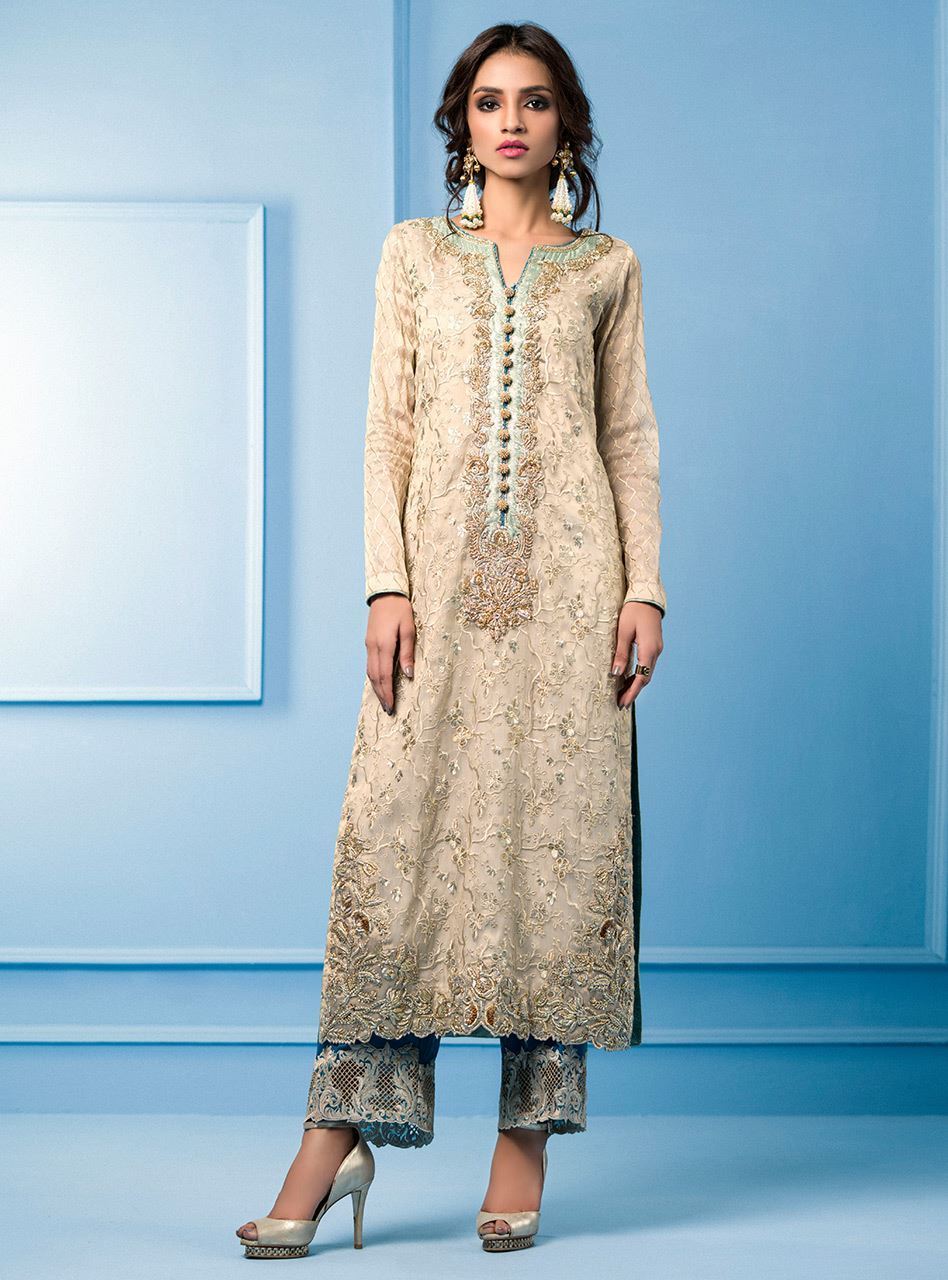 Zainab Chottani | Semi Formals | BEIGE AND TURQUOISE - by - Libasekhas UK - Registered Vendor of : Zainab Chottani - 100% Original Designer Dresss