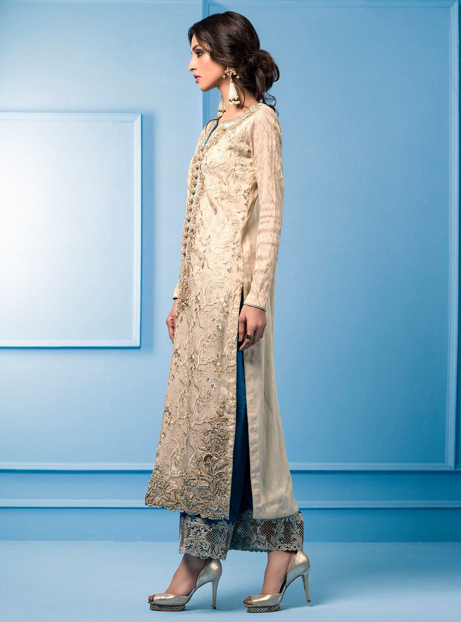 Zainab Chottani | Semi Formals | BEIGE AND TURQUOISE - by - Libasekhas UK - Registered Vendor of : Zainab Chottani - 100% Original Designer Dresss