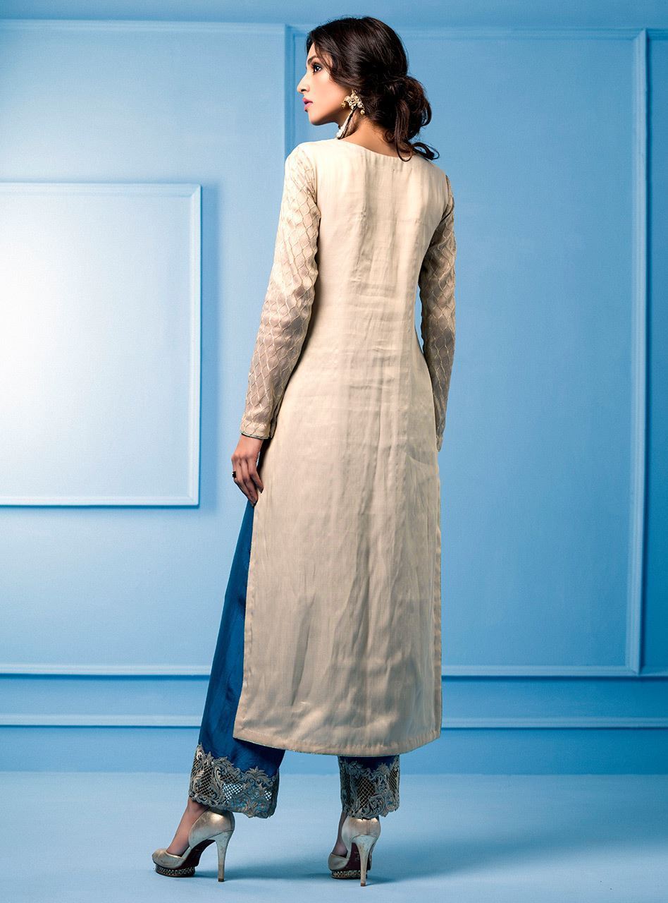 Zainab Chottani | Semi Formals | BEIGE AND TURQUOISE - by - Libasekhas UK - Registered Vendor of : Zainab Chottani - 100% Original Designer Dresss