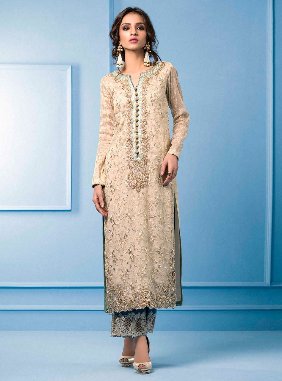 Zainab Chottani | Semi Formals | BEIGE AND TURQUOISE - by - Libasekhas UK - Registered Vendor of : Zainab Chottani - 100% Original Designer Dresss