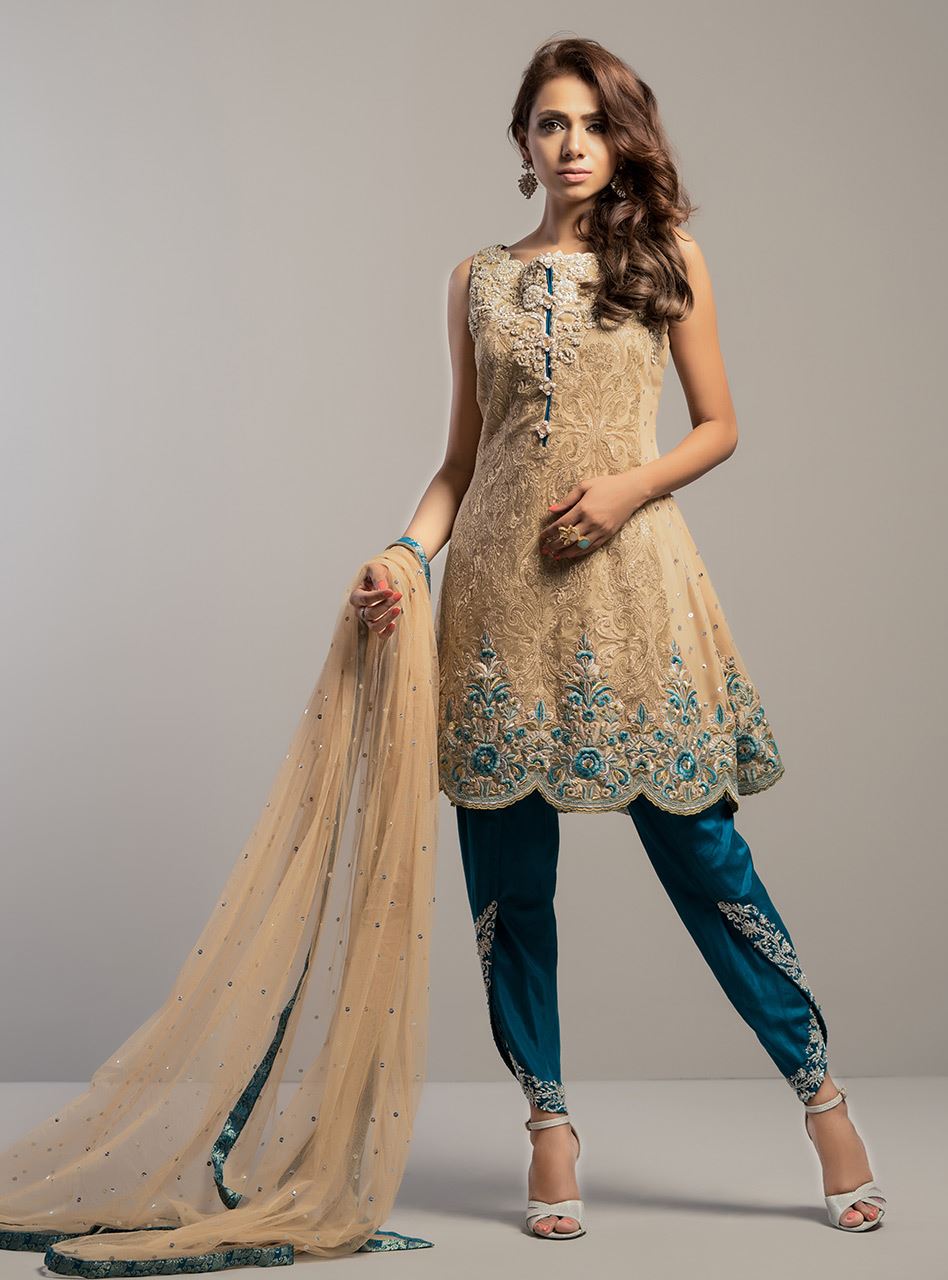 Zainab Chottani | Semi Formals | BEIGE GOLD WITH TEAL DRESS - by - Libasekhas UK - Registered Vendor of : Zainab Chottani - 100% Original Designer Dresss
