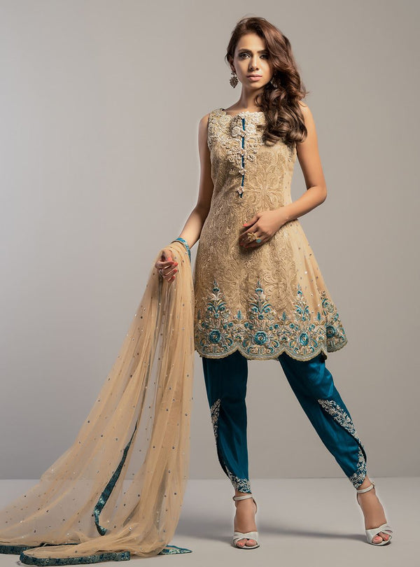Zainab Chottani | Semi Formals | BEIGE GOLD WITH TEAL DRESS - by - Libasekhas UK - Registered Vendor of : Zainab Chottani - 100% Original Designer Dresss