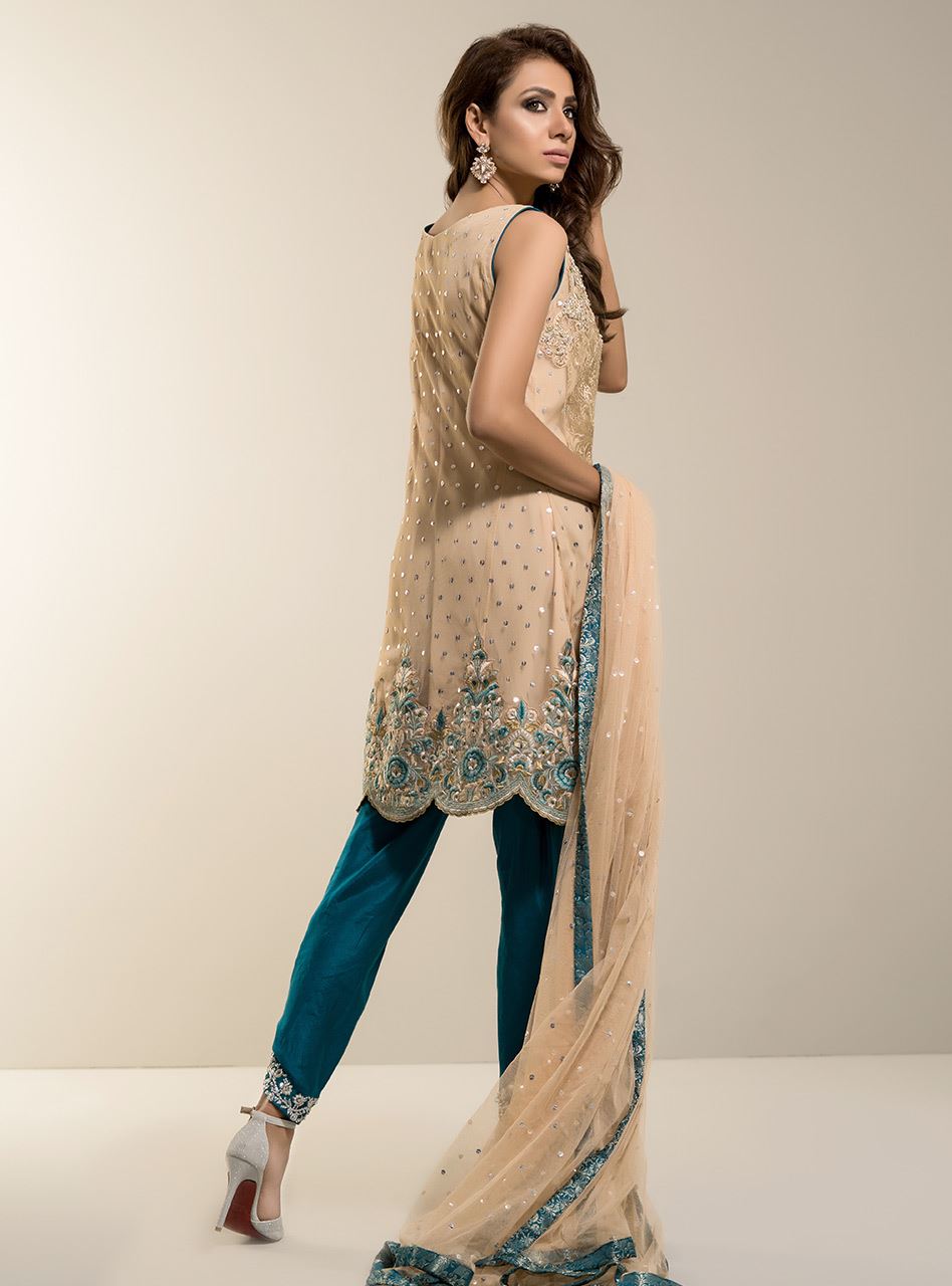 Zainab Chottani | Semi Formals | BEIGE GOLD WITH TEAL DRESS - by - Libasekhas UK - Registered Vendor of : Zainab Chottani - 100% Original Designer Dresss