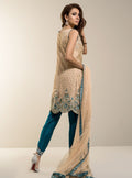 Zainab Chottani | Semi Formals | BEIGE GOLD WITH TEAL DRESS - by - Libasekhas UK - Registered Vendor of : Zainab Chottani - 100% Original Designer Dresss