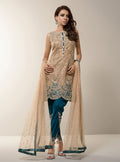 Zainab Chottani | Semi Formals | BEIGE GOLD WITH TEAL DRESS - by - Libasekhas UK - Registered Vendor of : Zainab Chottani - 100% Original Designer Dresss