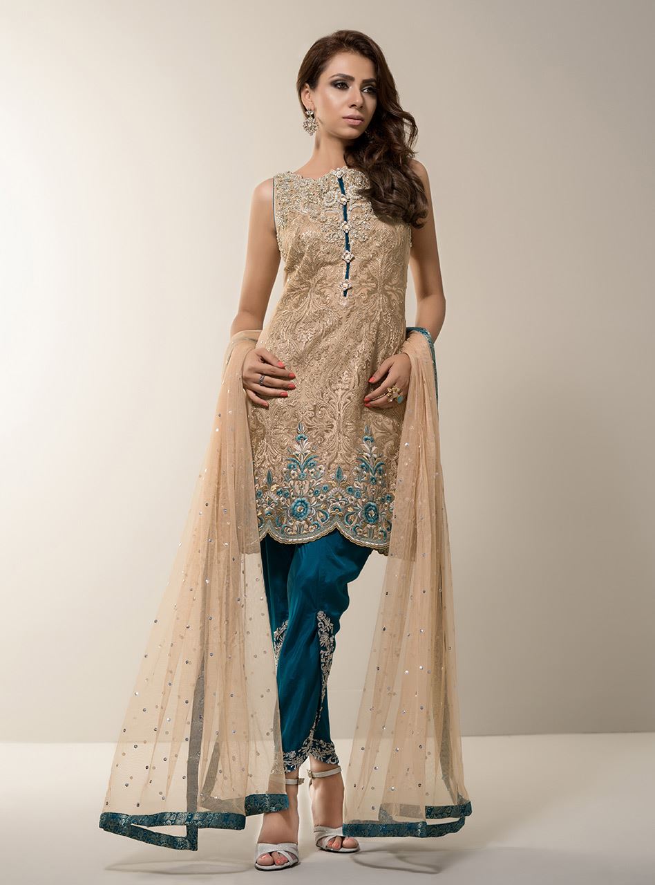 Zainab Chottani | Semi Formals | BEIGE GOLD WITH TEAL DRESS - by - Libasekhas UK - Registered Vendor of : Zainab Chottani - 100% Original Designer Dresss