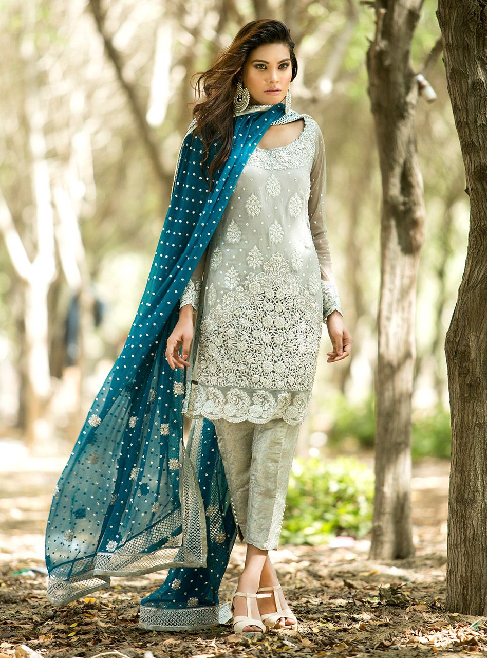 Zainab Chottani | Semi Formals | SILVER AND TEAL DRESS - by - Libasekhas UK - Registered Vendor of : Zainab Chottani - 100% Original Designer Dresss