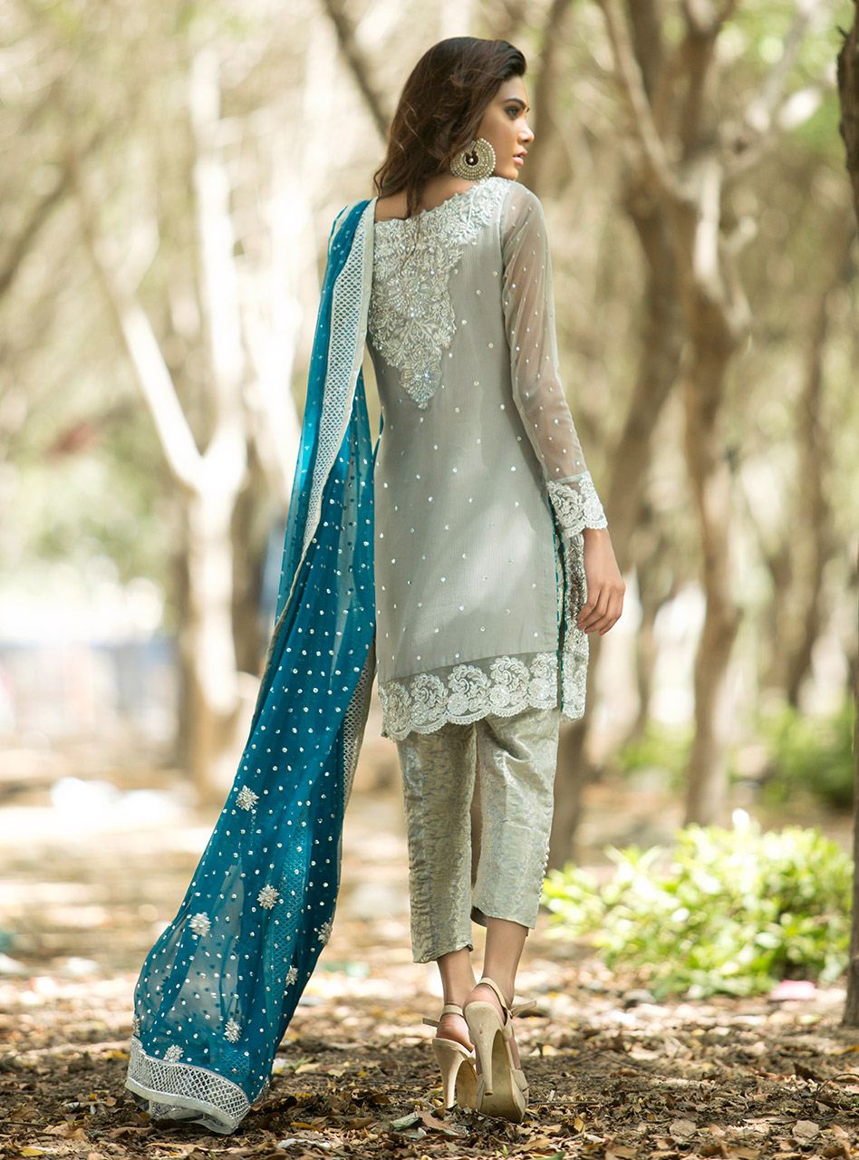 Zainab Chottani | Semi Formals | SILVER AND TEAL DRESS - by - Libasekhas UK - Registered Vendor of : Zainab Chottani - 100% Original Designer Dresss