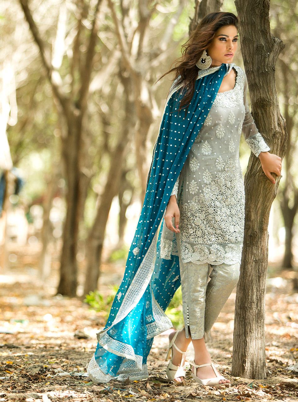 Zainab Chottani | Semi Formals | SILVER AND TEAL DRESS - by - Libasekhas UK - Registered Vendor of : Zainab Chottani - 100% Original Designer Dresss