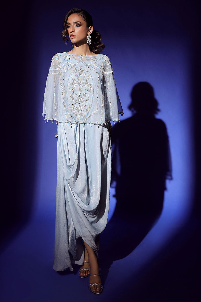 Wardha Saleem | Luxury Pret Fusion Wear | AURA CAPE WITH DRAPE (2PC) - by - Libasekhas UK - Registered Vendor of : Wardha Saleem - 100% Original Designer Dresss