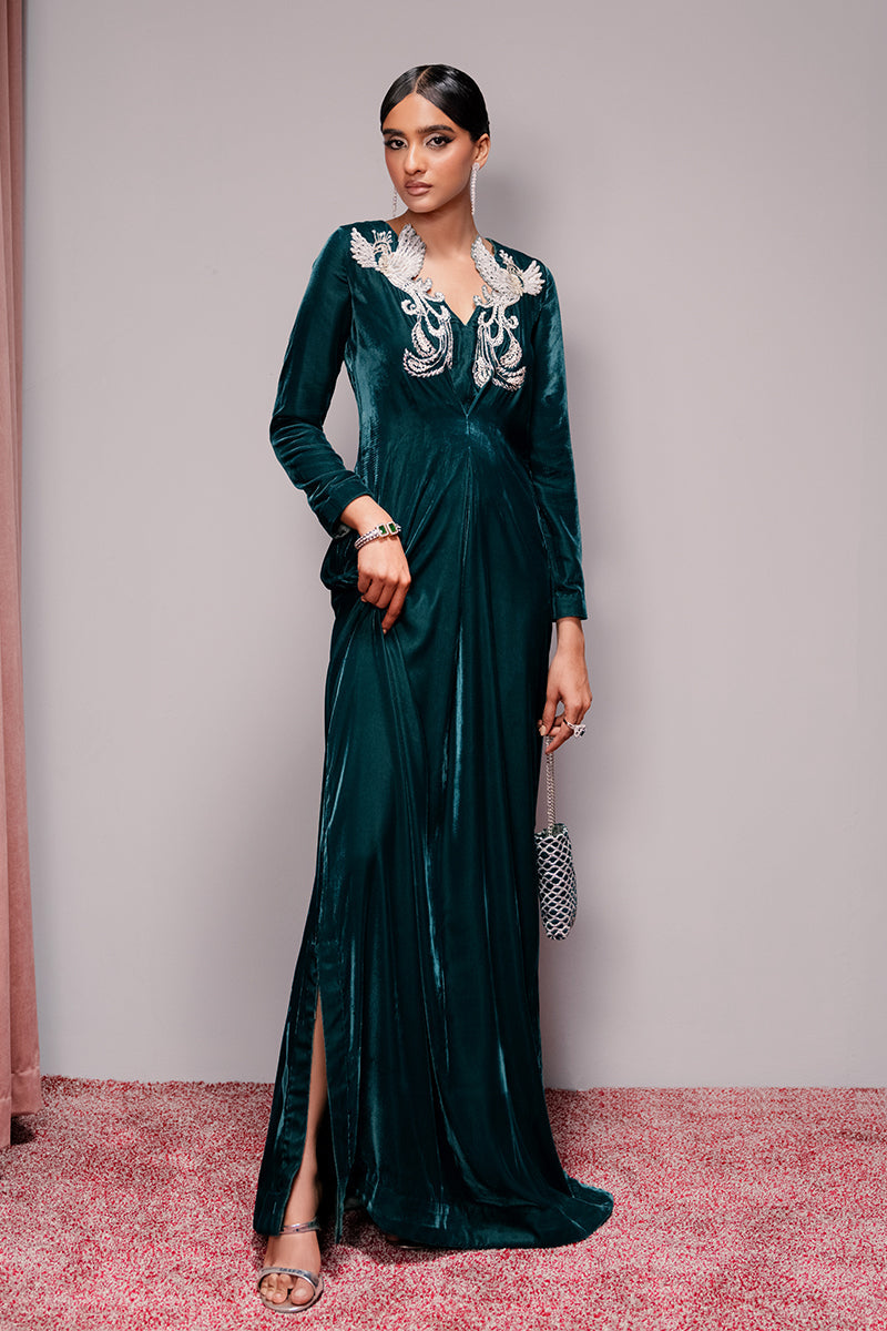 Haute Form | Rose Winter Plush | Emerald Escape - by - Libasekhas UK - Registered Vendor of : Haute Form - 100% Original Designer Dresss
