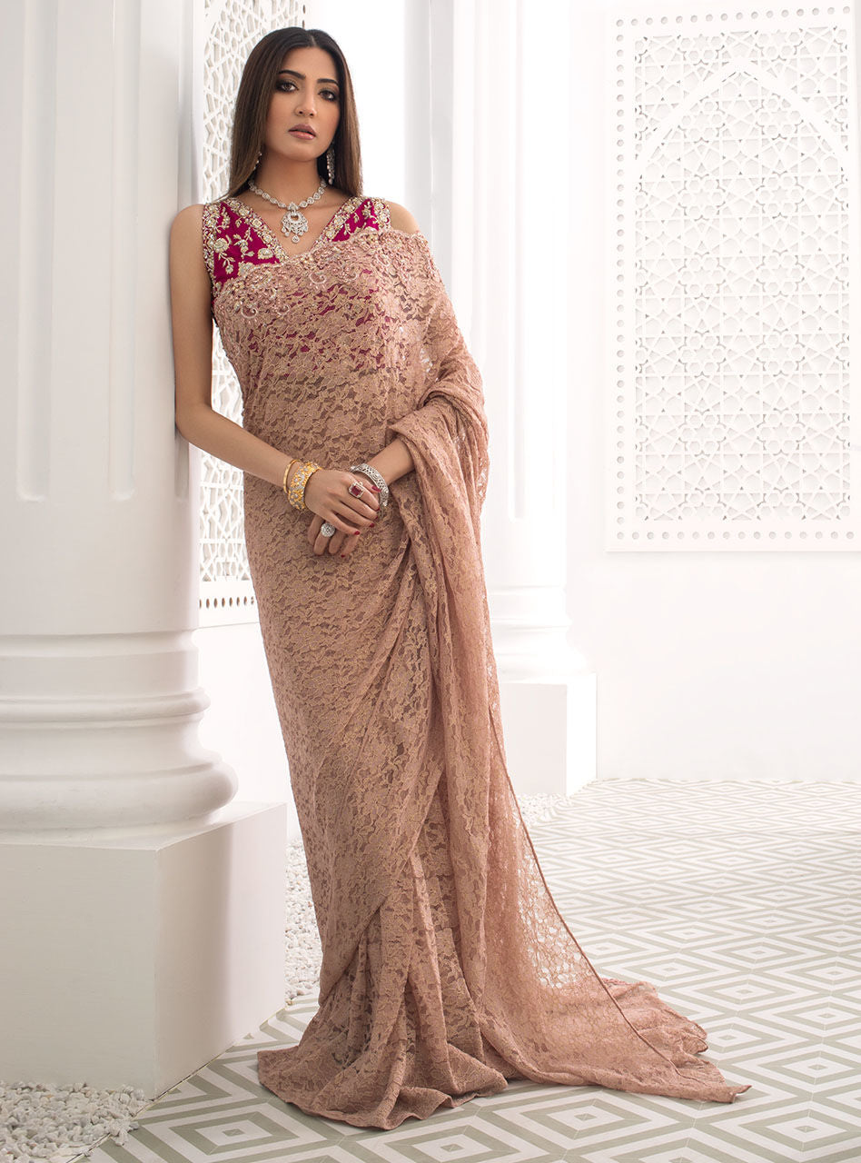 Zainab Chottani | Semi Formals | RAVISHING ROSE SAREE - by - Libasekhas UK - Registered Vendor of : Zainab Chottani - 100% Original Designer Dresss