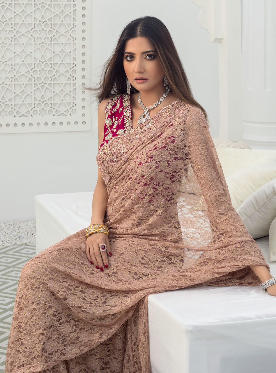 Zainab Chottani | Semi Formals | RAVISHING ROSE SAREE - by - Libasekhas UK - Registered Vendor of : Zainab Chottani - 100% Original Designer Dresss