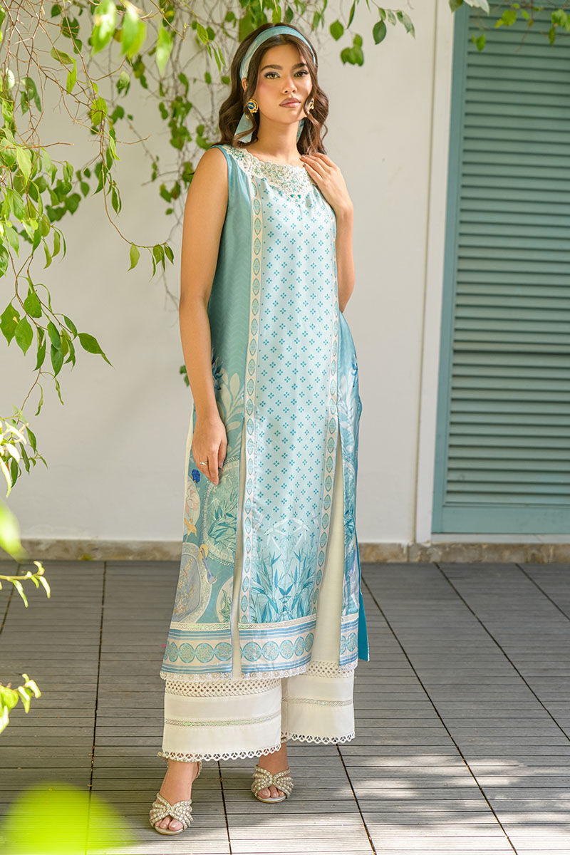 Fatima Khan | Eid Digital Silk Prints |   Teal Tropics - by - Libasekhas UK - Registered Vendor of : Fatima Khan - 100% Original Designer Dresss