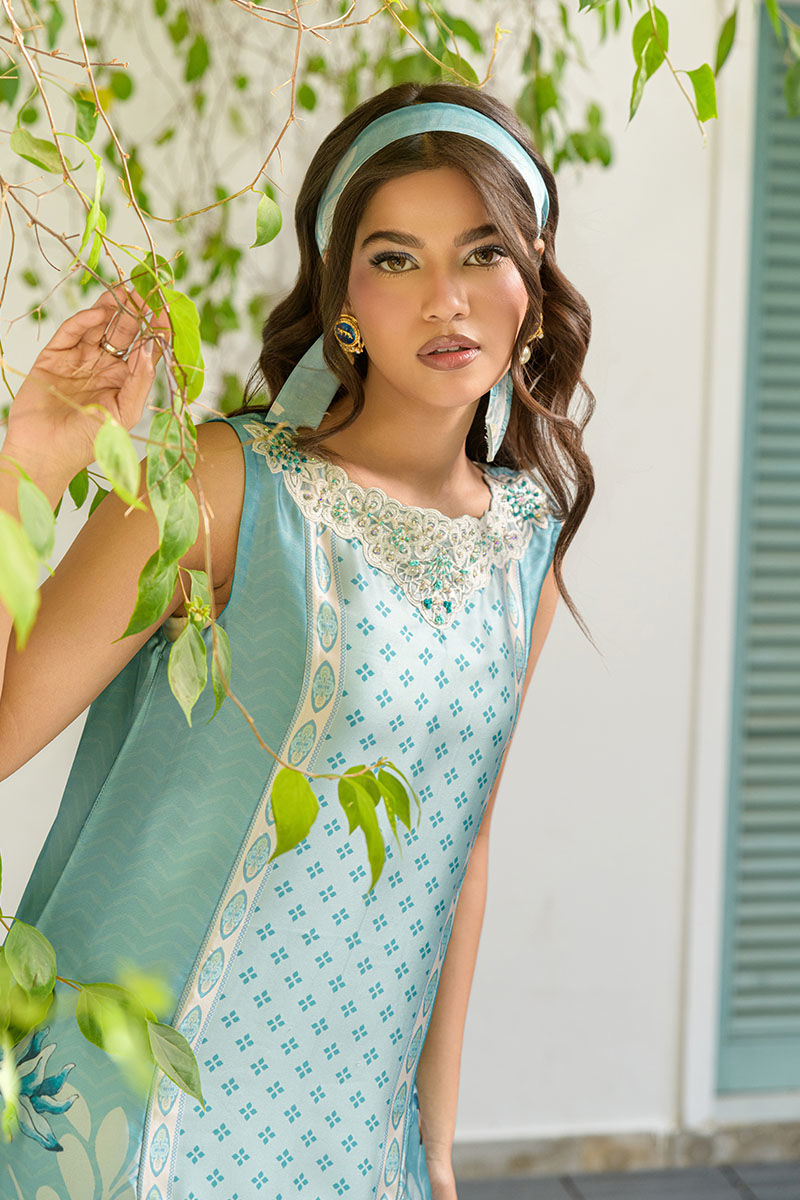Fatima Khan | Eid Digital Silk Prints |   Teal Tropics - by - Libasekhas UK - Registered Vendor of : Fatima Khan - 100% Original Designer Dresss