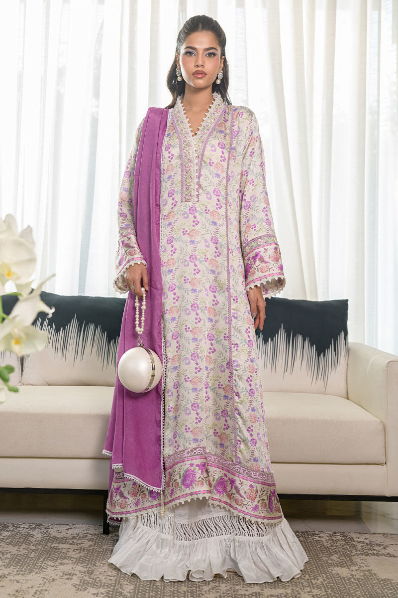 Fatima Khan | Eid Digital Silk Prints | Lavender Ivory - by - Libasekhas UK - Registered Vendor of : Fatima Khan - 100% Original Designer Dresss