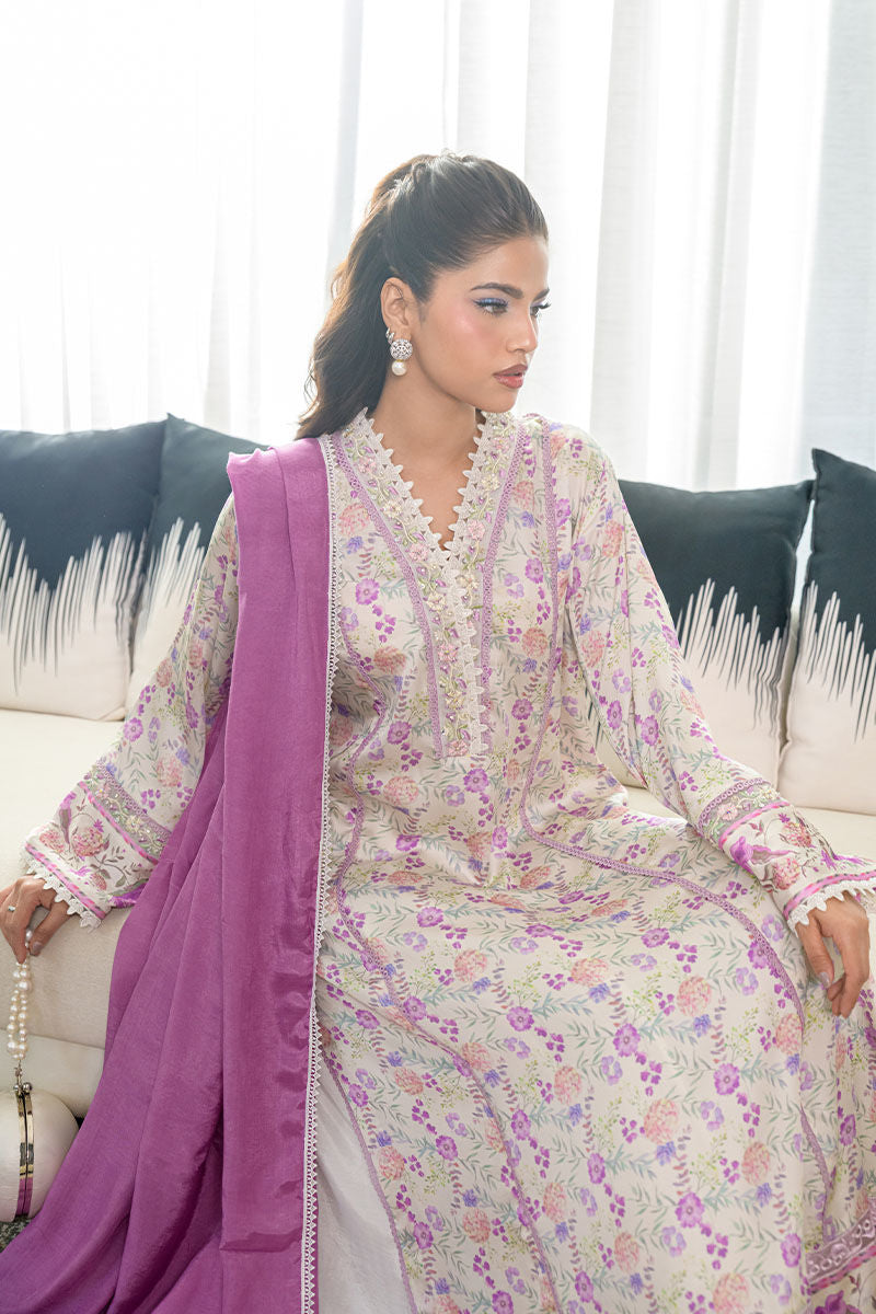 Fatima Khan | Eid Digital Silk Prints | Lavender Ivory - by - Libasekhas UK - Registered Vendor of : Fatima Khan - 100% Original Designer Dresss