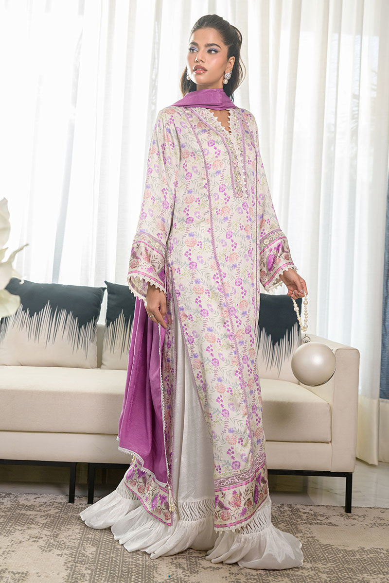 Fatima Khan | Eid Digital Silk Prints | Lavender Ivory - by - Libasekhas UK - Registered Vendor of : Fatima Khan - 100% Original Designer Dresss