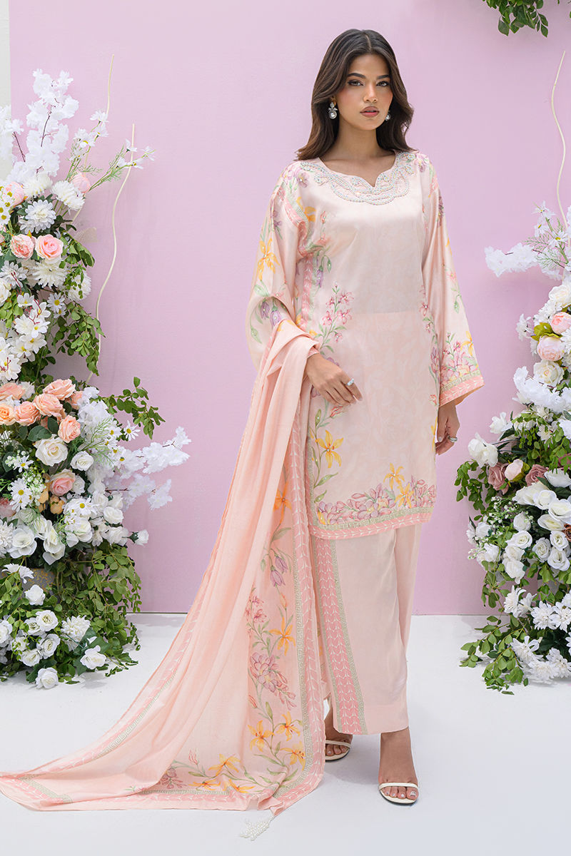 Fatima Khan | Eid Digital Silk Prints | Peach Blossoms - by - Libasekhas UK - Registered Vendor of : Fatima Khan - 100% Original Designer Dresss