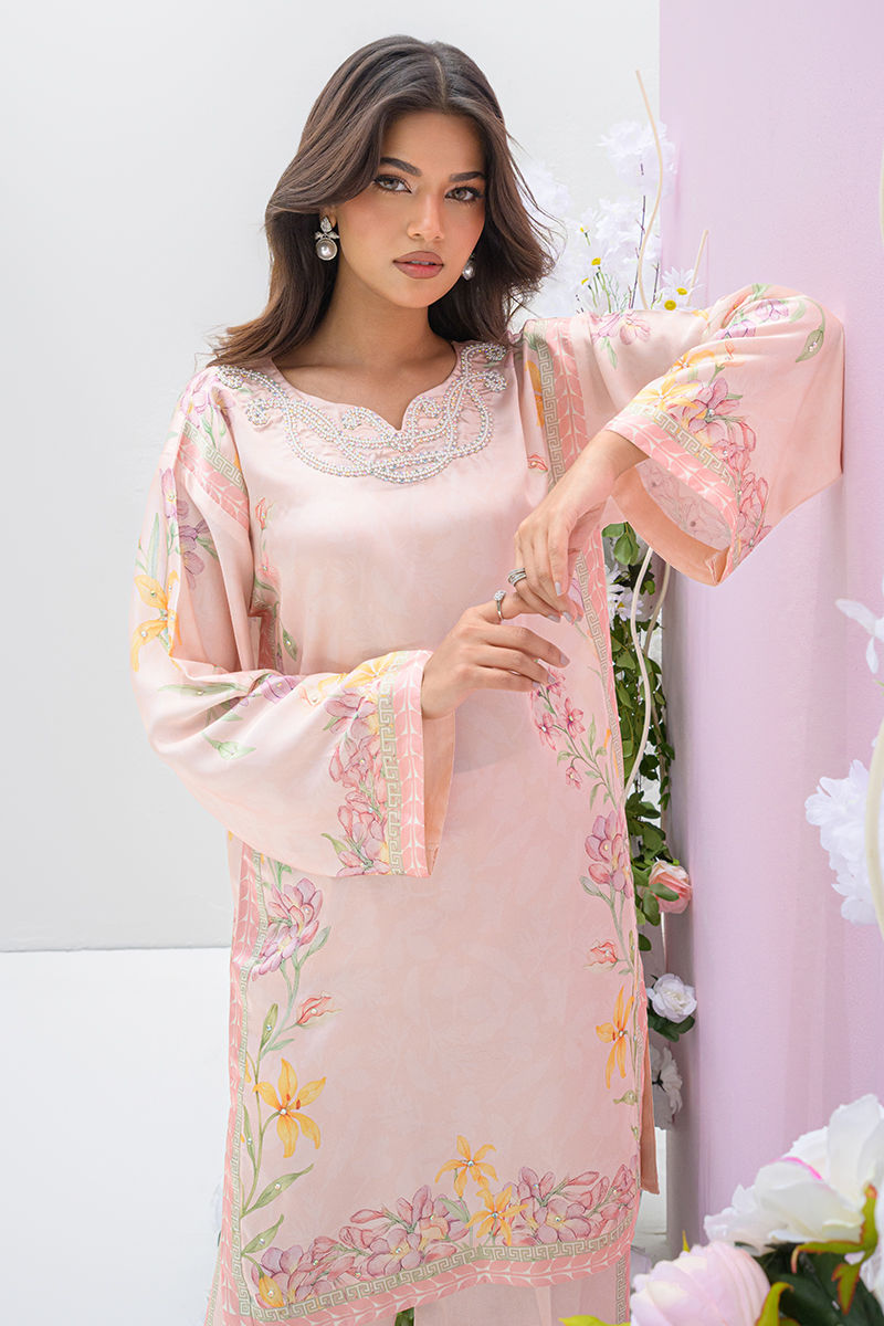Fatima Khan | Eid Digital Silk Prints | Peach Blossoms - by - Libasekhas UK - Registered Vendor of : Fatima Khan - 100% Original Designer Dresss