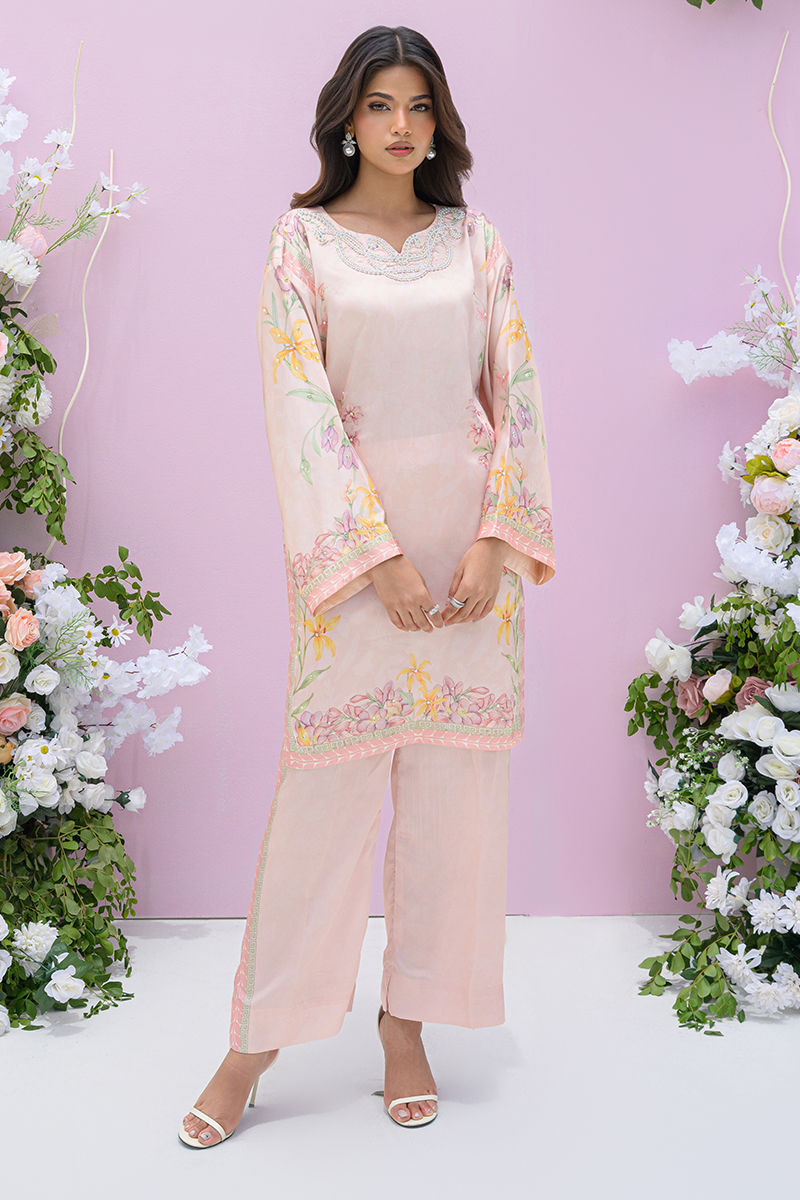 Fatima Khan | Eid Digital Silk Prints | Peach Blossoms - by - Libasekhas UK - Registered Vendor of : Fatima Khan - 100% Original Designer Dresss